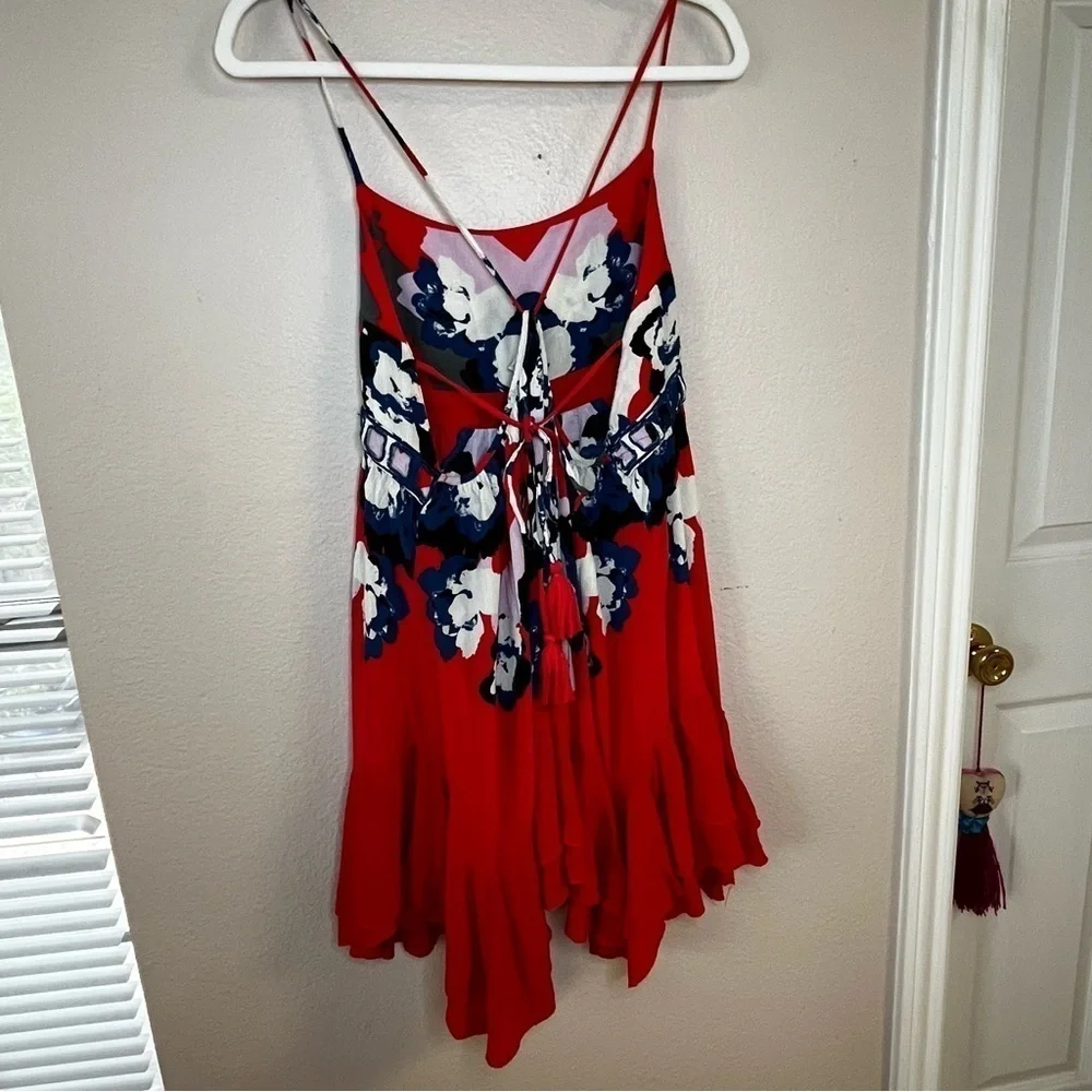 Free People Sweet Lucy Dress, Ruffle Hem Orange with Navy Blue & White Size S P
